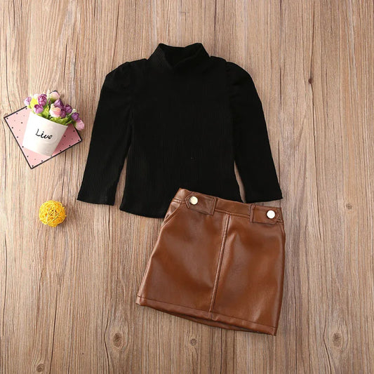 Toddler Baby Girl Autumn Fashion Clothing Set Long Sleeve knitting Black Top Leather Skirt 2Pcs Outftfit