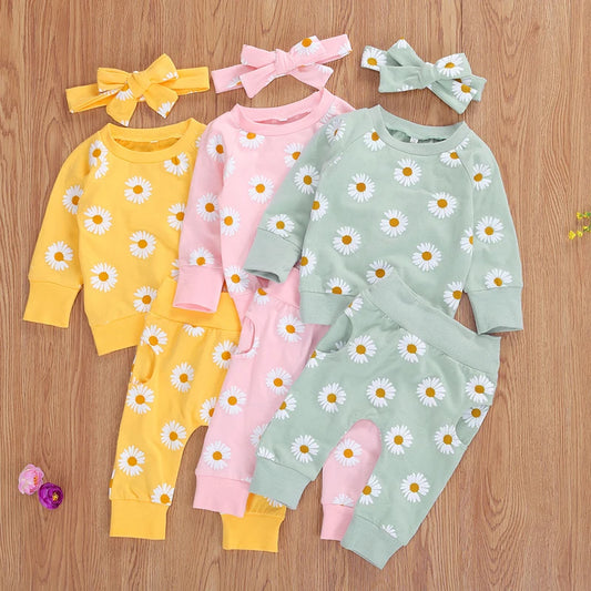 Toddler Newborn Infant Baby Girl Autumn Clothing Set  Daisy Printed Cotton Top Long pants 2Pcs Outfits 3Colors