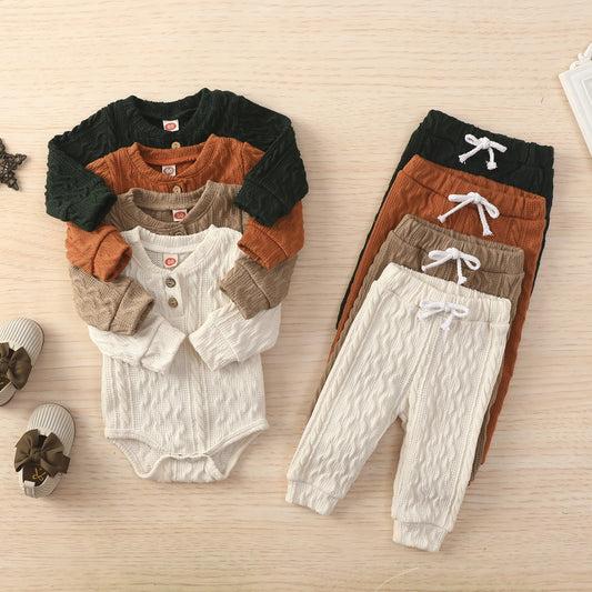 Baby Girl Romper Tops Pants Suit Newborn Infant Long Sleeve Round Neck Button Sweater Knitting Trousers