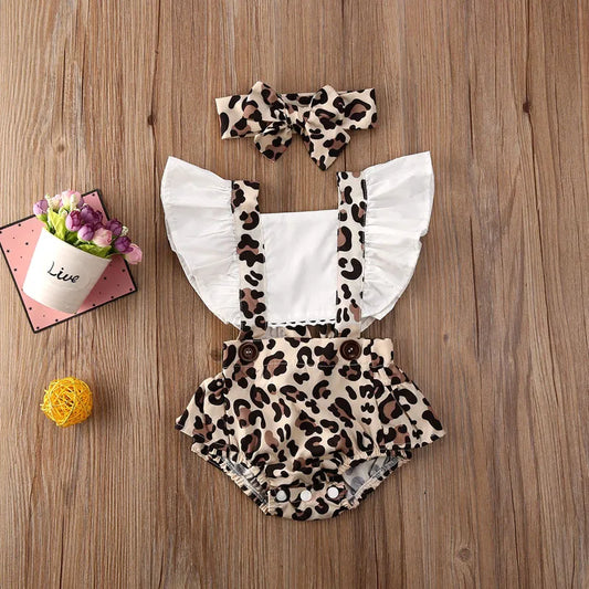 2PCS Summer Newborn Baby Girl Clothes Set Off Shoulder Leopard Bodysuit Jumpsuit Headband Outfit Set
