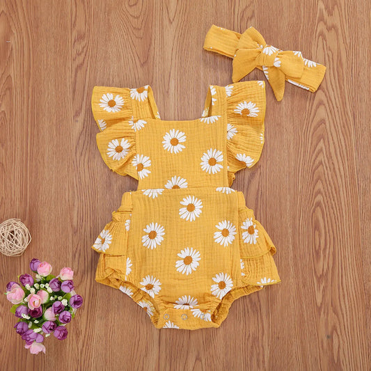 2Pcs Newborn Baby Girl Daisy Printed Romper Off Shoulder Cotton Soft Jumpsuit Headband Outfit Set
