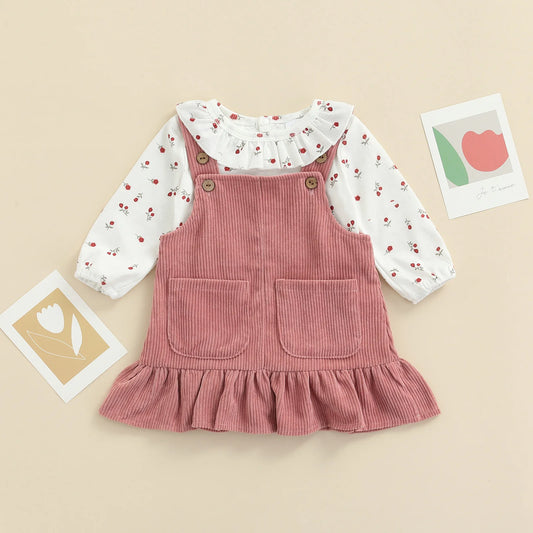 Newborn Infant Baby Girls Autumn Suit Spring Autumn Long Sleeve Floral Printed Romper Tops Solid Ruffled Dress