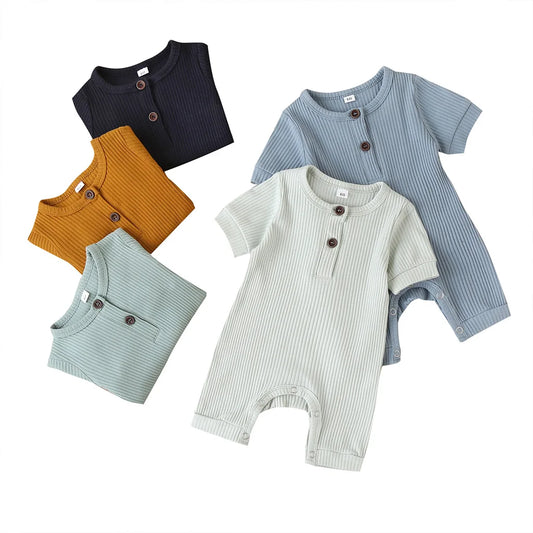 Newborn Baby Girl Boy Solid Romper Cotton Short Sleeve Jumpsuit Button Girl Boy Summer Cotton Clothing