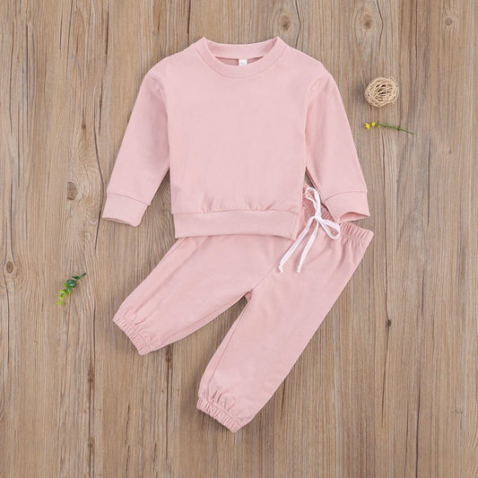 Girl 2Psc Set Kid's Solid Color Crew Neck Long Sleeve Pullover Toddler's Elastic Lace Up Trousers