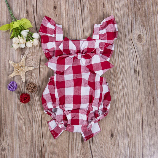 Newborn Infant Kids Baby Girls Summer Off  Shoulder Plaid Romper + Plaid Bow