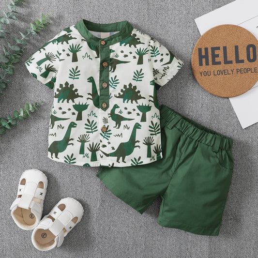 Toddler Boy 2Pcs Summer Outfits Short Sleeve Button Down Shirt  Solid Elastic Waist Shorts Set
