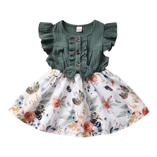 Baby Girls Bowknot Floral Print Ruffles Sleeve Patchwork Length A-Line Sundress