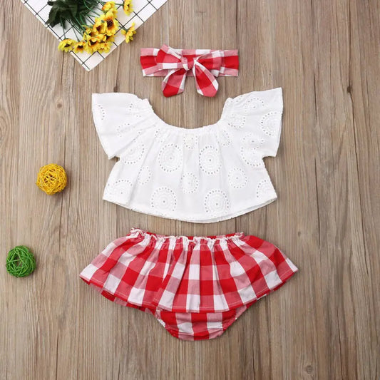 Newborn Baby Girl Clothes Cute Summer Off Shoulder Lace Tops+ Red Plaid Short Dress Headband Outfit