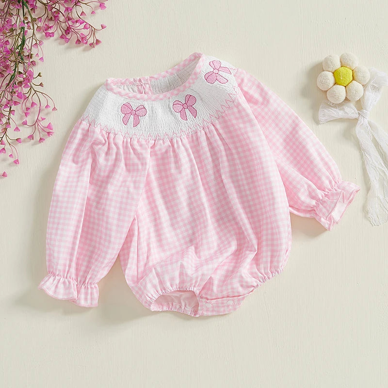 Newborn Baby Girls Cute Romper Bow Embroidery Plaid Long Sleeve Jumpsuits Infant Toddler Fashion Clothes