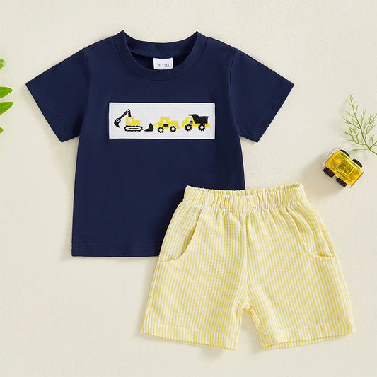 Toddler Baby Boy Shorts Set Tractor Embroidery Short Sleeve T-shirt Striped Shorts 2Pcs Summer Outfit