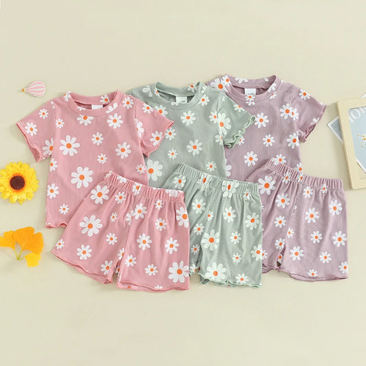 Toddler Baby Girl Summer Clothes Floral Short Sleeve Crewneck T-Shirts Shorts Set Outfit