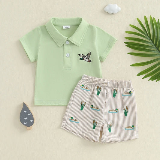 Baby Boys Shorts Set Short Sleeve Embroidery Duck T-shirt with Striped Shorts Summer Outfit