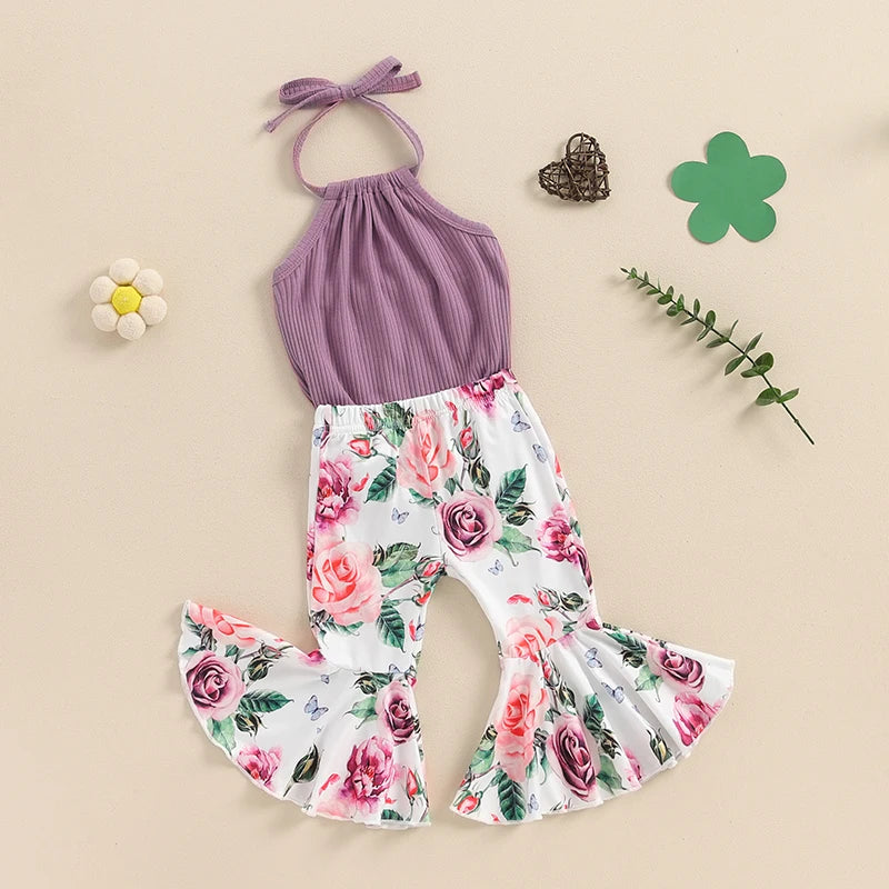 Baby Girl Summer Outfits Tie-Up Halter Neck Sleeveless Rompers Flower Print Flared Pants 2Pcs Clothes Set