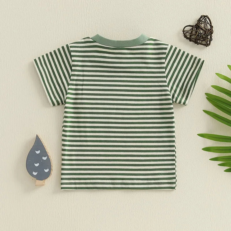 Toddler Boy Summer T-Shirt Duck Embroidery Short Sleeve Round Neck Stripe Print Top