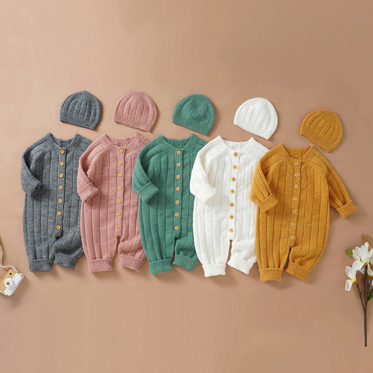 Winter Jumpsuit and Cap, Solid Color Long Sleeve Single-breasted Knitted Romper, 0-18 Months