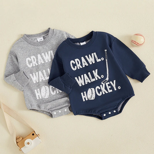 Baby Boy Romper Long Sleeve Round Neck Hockey Print Bodysuit Playsuit