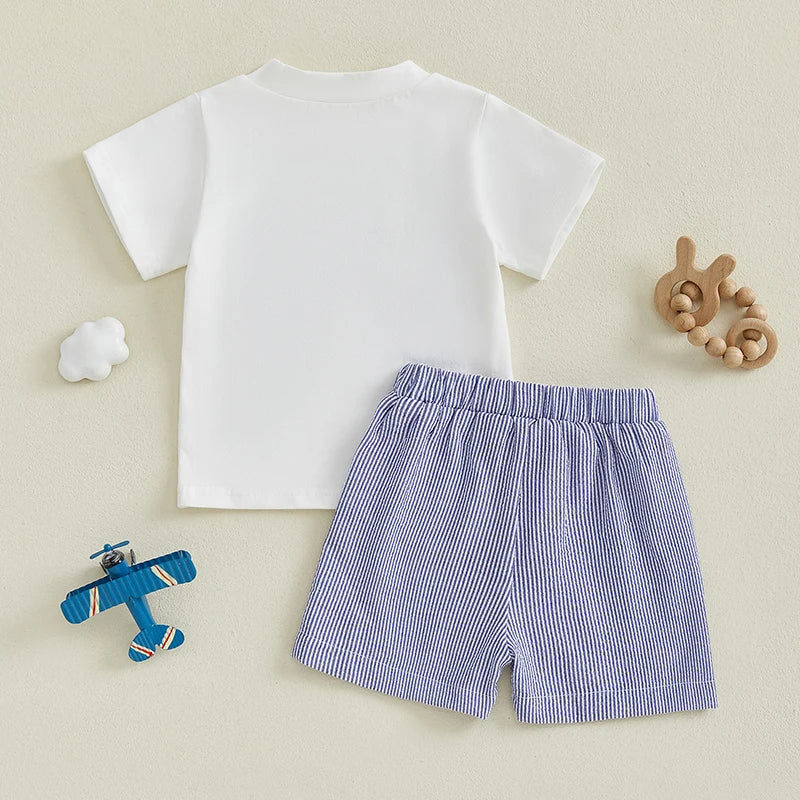 Toddler Baby Boy Shorts Set Vehicle Embroidered Short Sleeve Tops Striped Elastic Waist Shorts Outfit