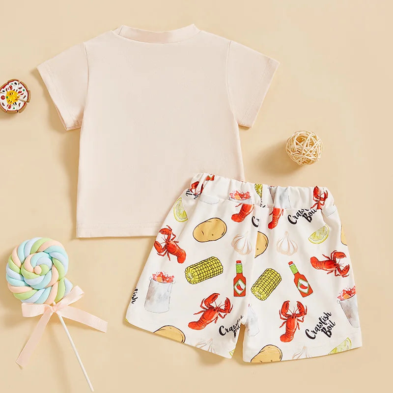 Kids Boys Summer Outfit Short Sleeve Crew Neck Embroidery T-shirt with Lobster Print Shorts Clothing Set