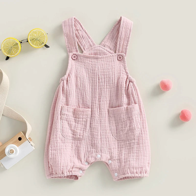 Infant Newborn Baby Boy Girl Summer Suspenders Jumpsuit Solid Sleeveless Romper with Pockets