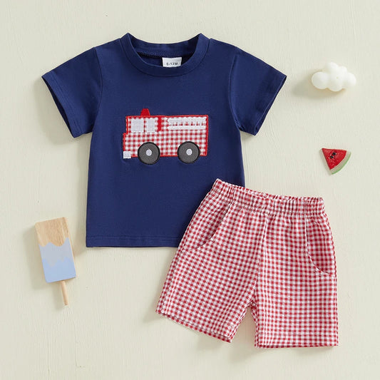 Toddler Baby Boy Summer Outfits Short Sleeve Fire Truck Embroidery T-Shirt + Short Pants Set Clothes