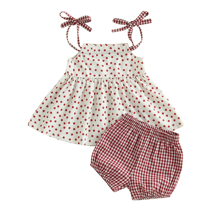 Baby Girl Summer Clothes Floral Print Tie-up Spaghetti Strap Cami Tops + Elastic Waist Plaid Shorts Set