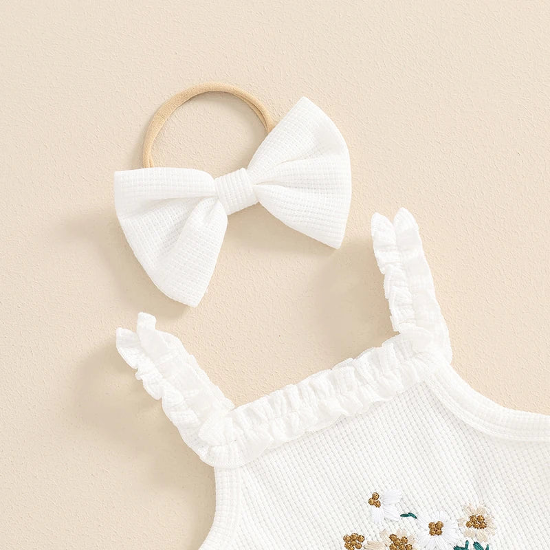 Baby Girl Summer Outfits Waffle Flower Embroidered Sleeveless Romper Ruffles Shorts Headband 3Pcs Set