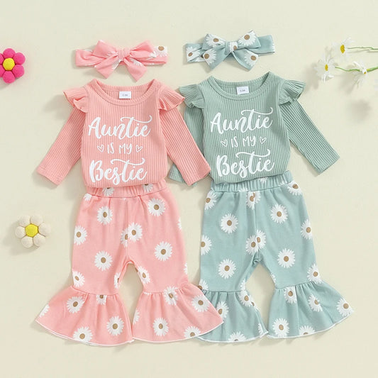 Baby Girls Fall Outfits Letter Print Long Sleeve Romper and Elastic Daisy Flared Pants Headband Set