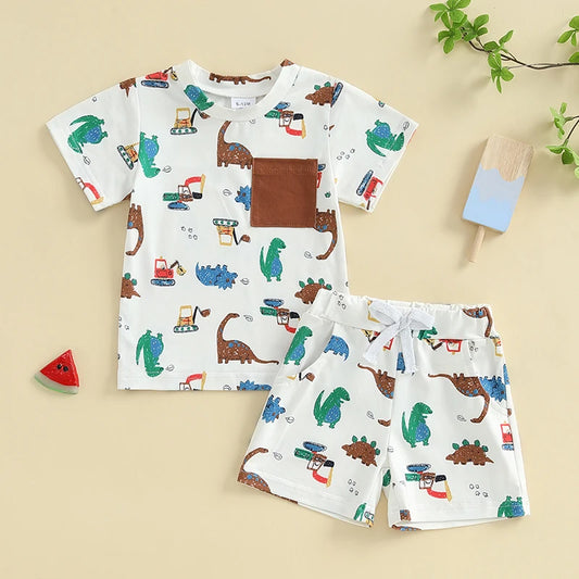 Toddler Boy Dinosaur Shorts Set Round Neck Short Sleeve Tops Pockets Elastic Waistband Short Outfit