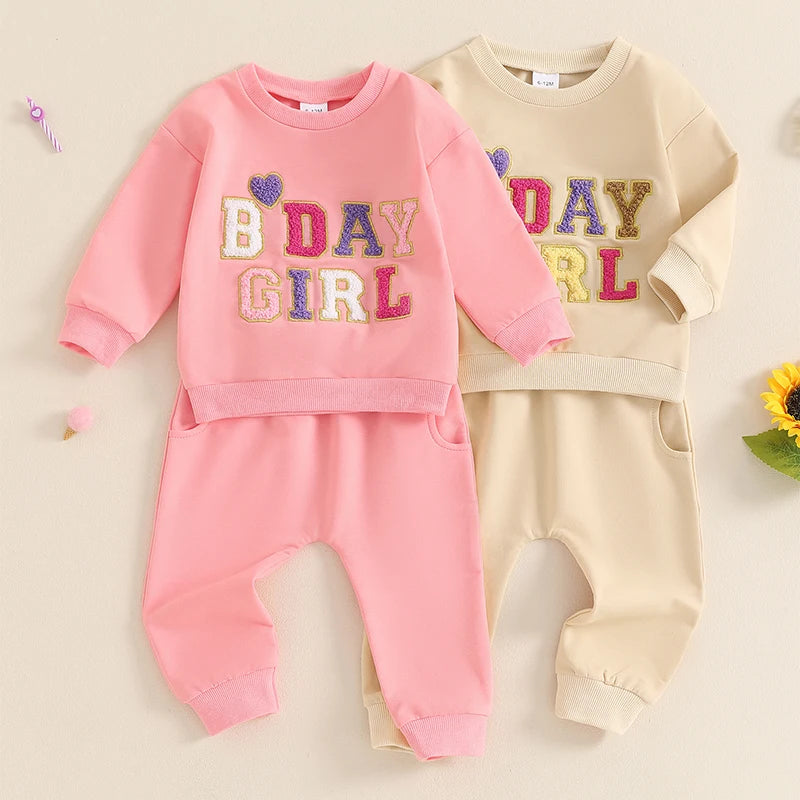 Baby Girl 2Pcs Birthday Outfits Long Sleeve Letter Embroidery Pullover + Pants Set Toddler Fall Clothes