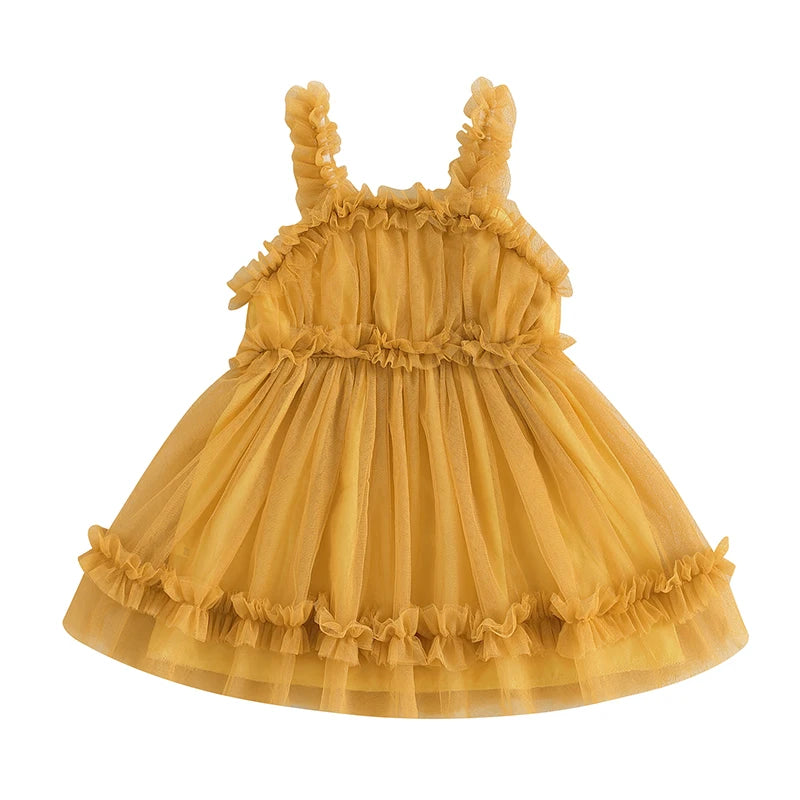 Toddler Girl Summer Tulle Dress Solid Color Sleeveless Mesh Ruffled A-Line Dress