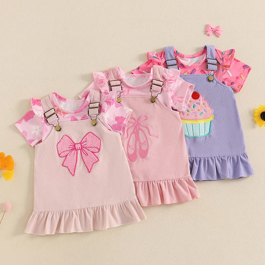 Summer Infant Baby Girls Outfits Short Sleeve Romper + Ruffle Overall Dress Set Casual Clothes
