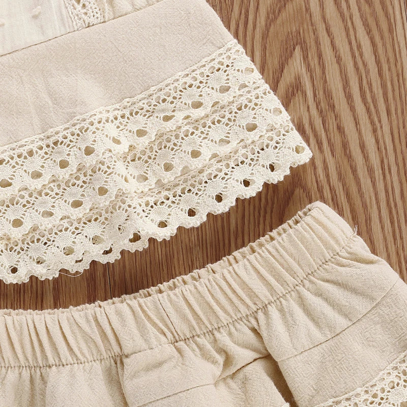 Toddler Baby Girl Summer Clothing Set Sleeveless Lace Pacthwork Solid Top Shorts 2Pcs Outfit