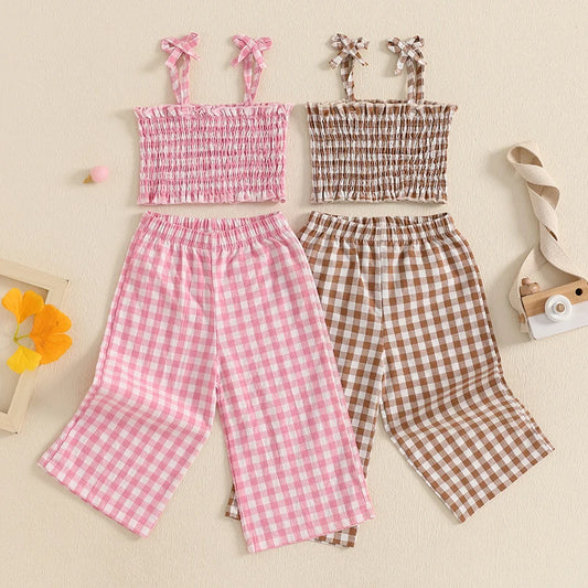 Toddler Baby Girl 2Pcs Summer Outfits Sleeveless Plaid Print Cami Tops + Pants Set Clothes
