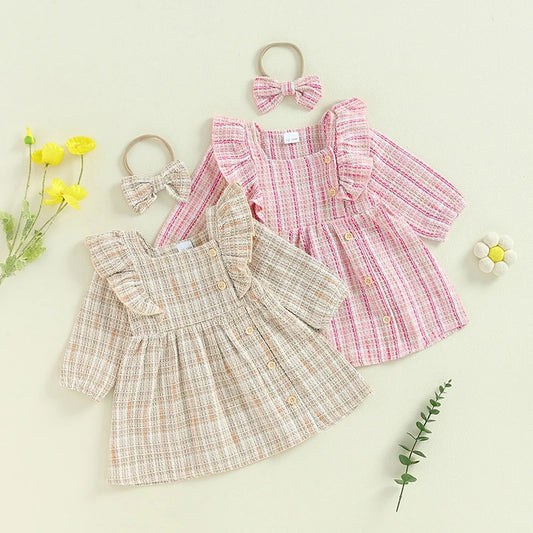 Toddler Girls Dress Square Neck Ruffles Buttons Long Sleeve Casual Fall Princess Dress with Headband