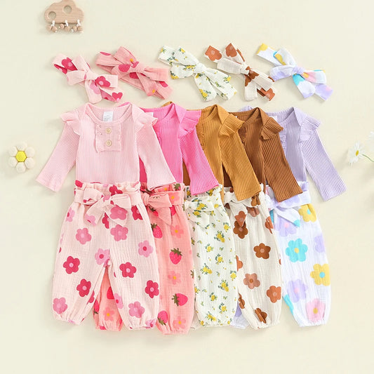 Baby Girls 3Pcs Fall Outfits Long Sleeve Ribbed Romper + Floral Pants + Headband Set Infant Clothes