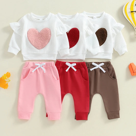 Toddler Girls Fall Outfits Heart Embroidery Ruffles Long Sleeve Sweatshirt and Elastic Sweatpants Set