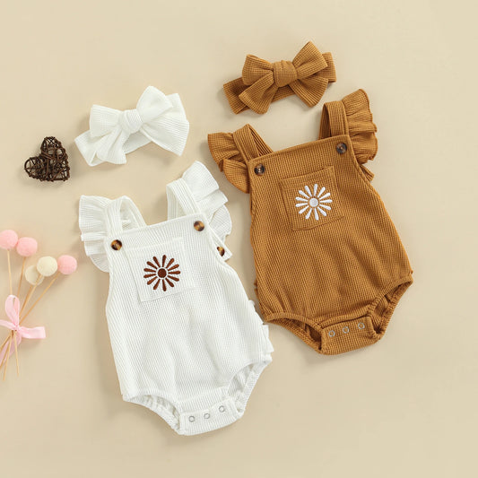 Infant Baby Girl Bodysuit Floral Pattern Ruffle Sleeve Bottom Snap Jumpsuit with Solid Hair