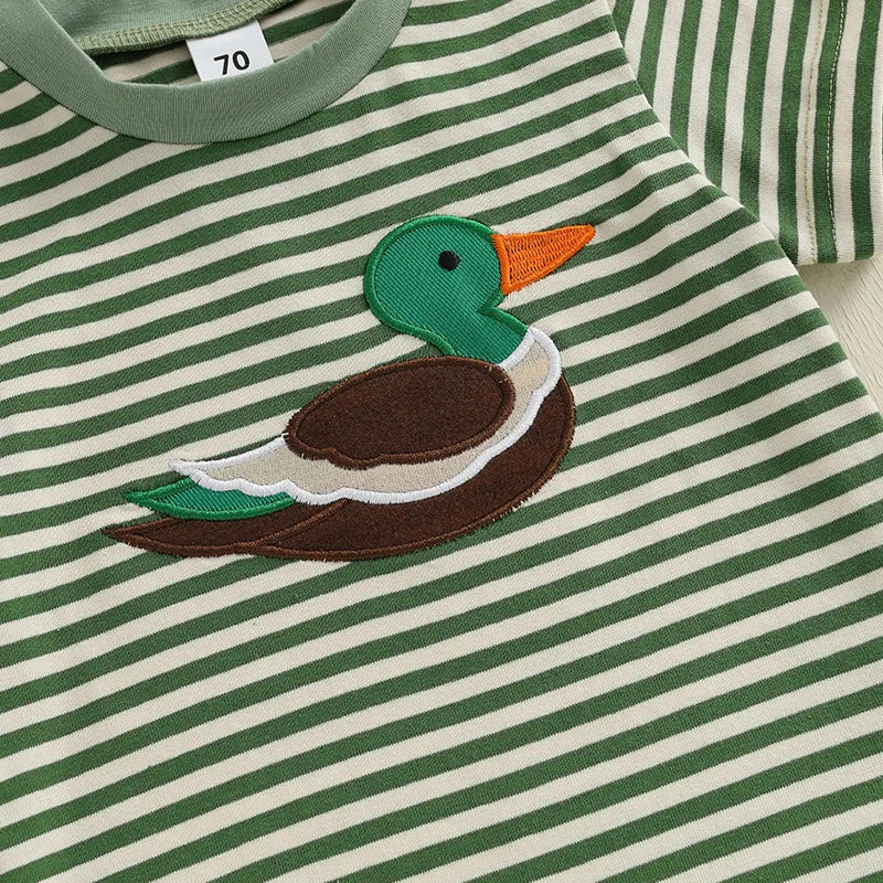Toddler Boy Summer T-Shirt Duck Embroidery Short Sleeve Round Neck Stripe Print Top