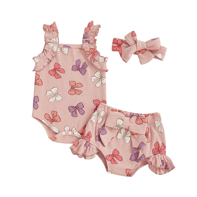 Baby Girls Summer Outfits Bow/Strawberry Print Sleeveless Romper with Ruffled Shorts Bow Headband 3Pcs Set