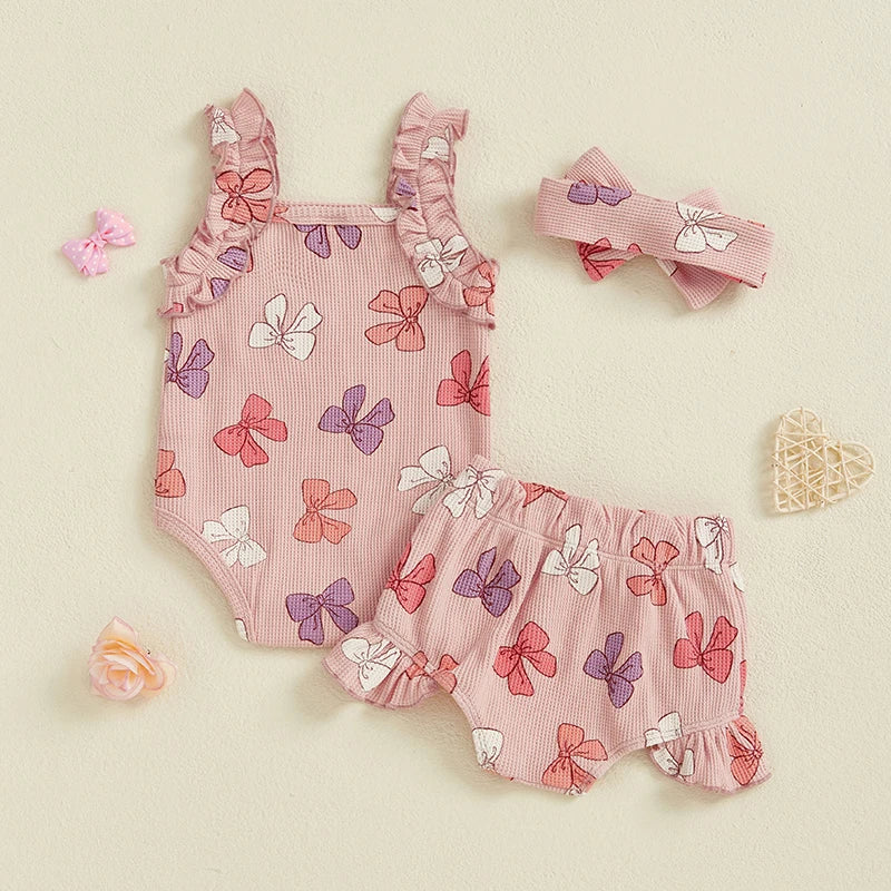 Baby Girls Summer Outfits Bow/Strawberry Print Sleeveless Romper with Ruffled Shorts Bow Headband 3Pcs Set