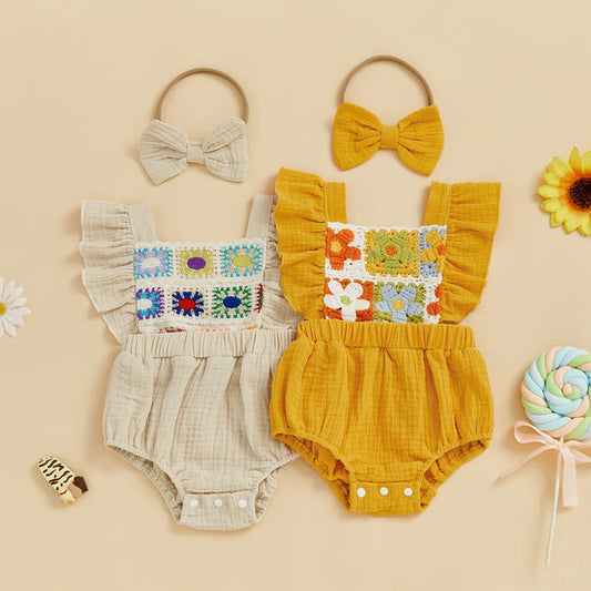 Summer Baby Girl Crochet Flower Romper Flying Sleeve Bodysuit with Bow Headband Outfit