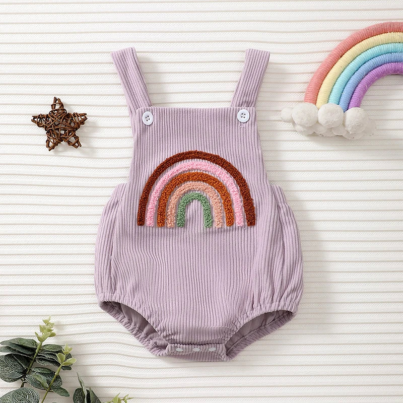 Baby Girl Overalls Rainbow/Strawberry Embroidery Square Neck Sleeveless Ribbed Romper