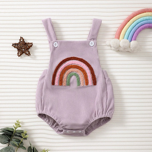 Baby Girl Overalls Rainbow/Strawberry Embroidery Square Neck Sleeveless Ribbed Romper
