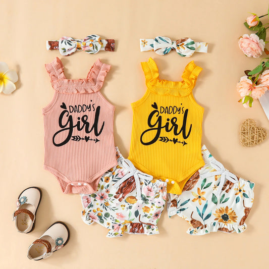 Newborn Infant Baby Girl 3Pcs Outfits Sleeveless Romper Cow Floral Print Pants Headband Set