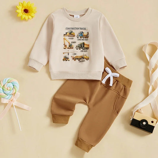 Toddler Baby Boy Outfits Construction Print Long Sleeve Pullover Tops Long Pants 2Pcs Winter Fall Set