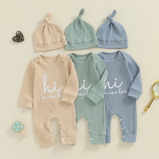 Baby Boys Romper Letter Print Long Sleeve Crew Neck Ribbed Jumpsuit With Hat