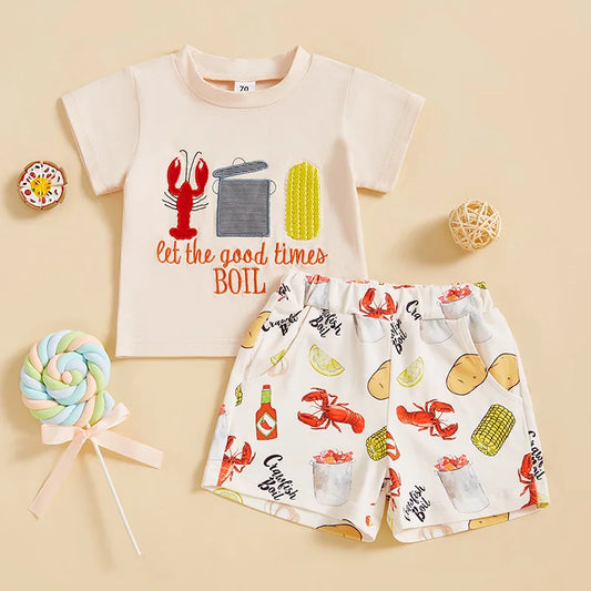 Kids Boys Summer Outfit Short Sleeve Crew Neck Embroidery T-shirt with Lobster Print Shorts Clothing Set
