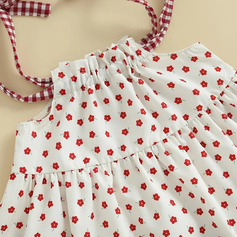 Baby Girl Summer Clothes Floral Print Tie-up Spaghetti Strap Cami Tops + Elastic Waist Plaid Shorts Set