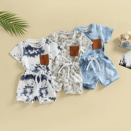 Baby Boys 2Pcs Summer Shorts Set Tie-dye Print Short Sleeve Crew Neck T-shirt Shorts Outfit