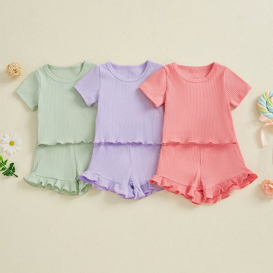 Toddler Baby Girl Ribbed Outfit Solid Color Short Sleeve T-shirts Elastic Waist Ruffle Shorts Set